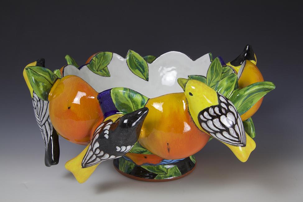 Dark Blue Bowl with Oranges and Yellow Birds