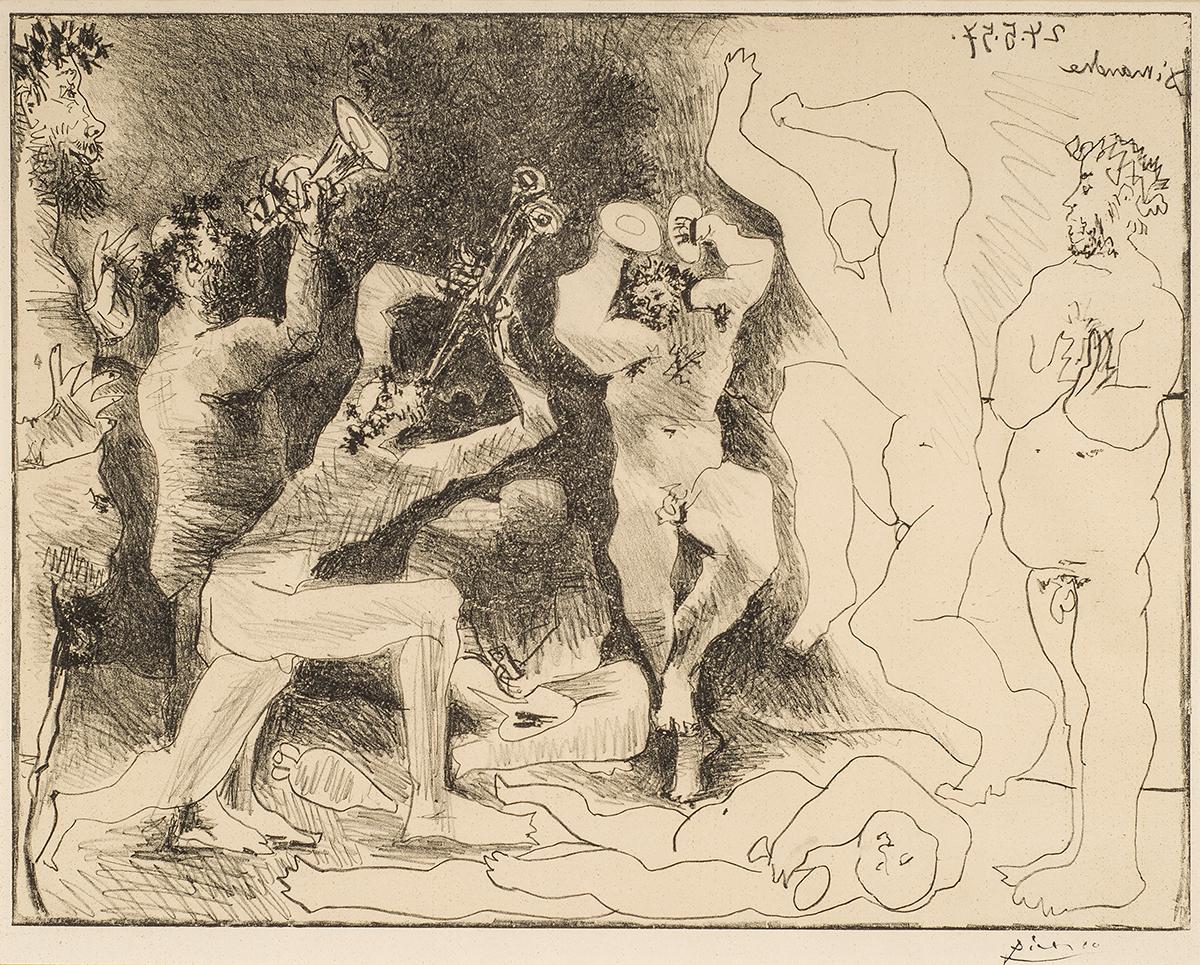 Lithograph Line Drawing of mythological creatures dancing
