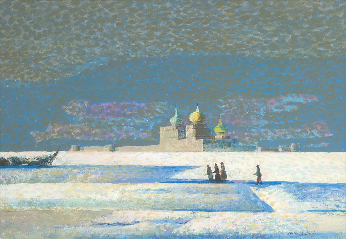 Russia snowy landscape with minarets and silhouettes of people walking