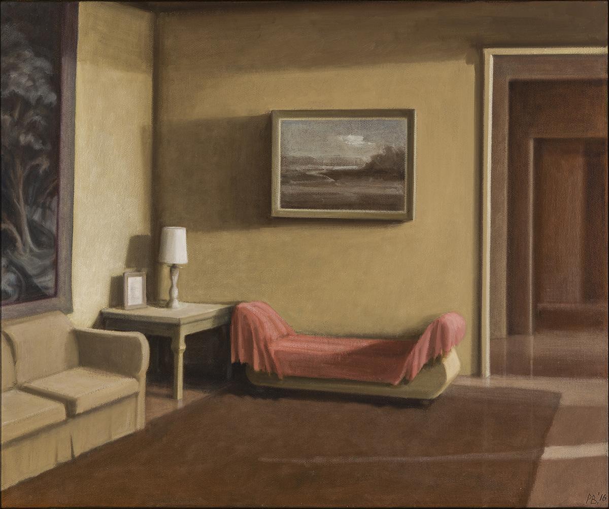 Interior IX - Room with covered couch, painting, table, lamp