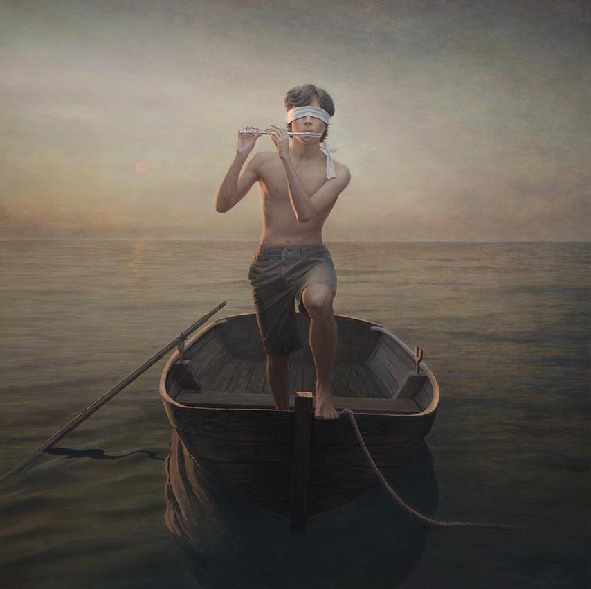 Lazaretto Boy Blindfolded playing flute on rowboat