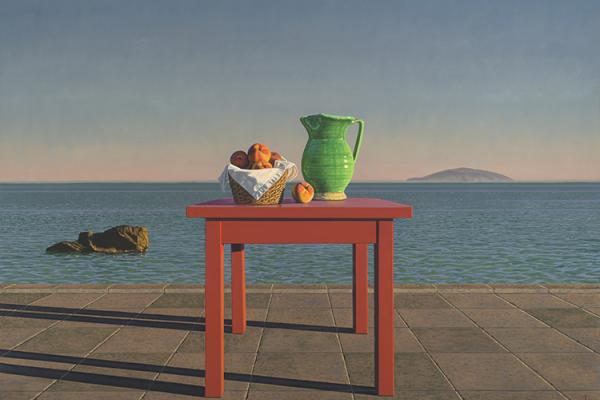 Aeolian Still Life with Red Table, Green Pitcher, Fruit and Ocean